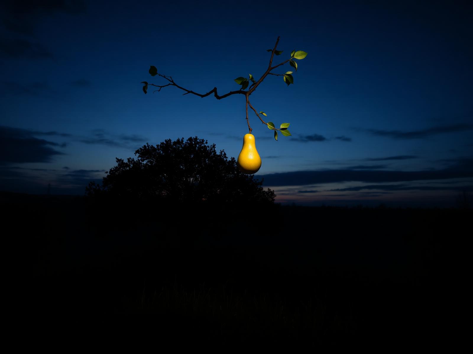 Una pera iluminada colgando de una rama en un paisaje nocturno